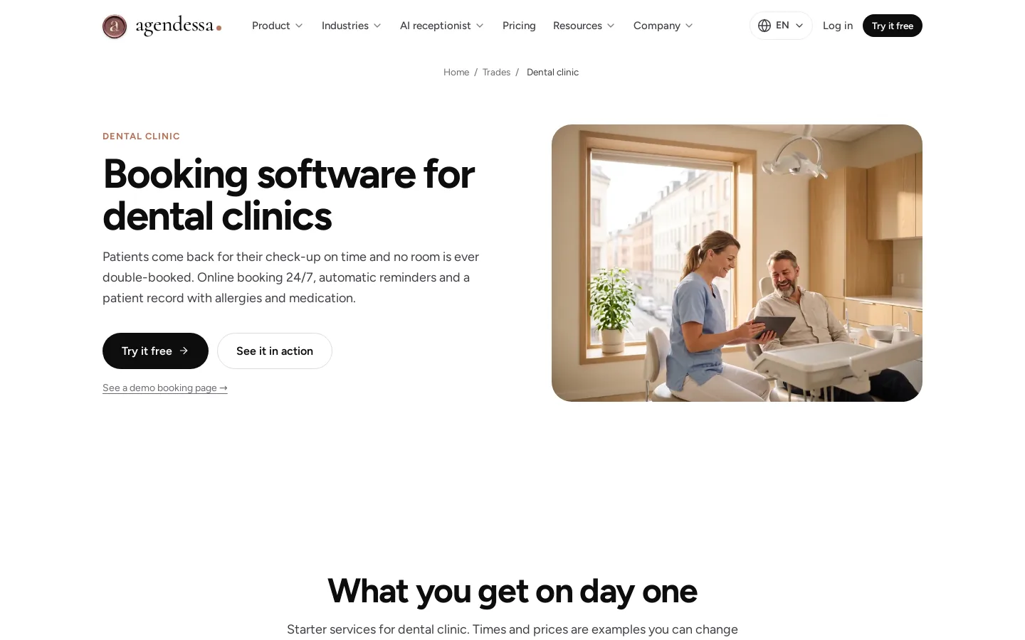 A trade page: booking software for dental clinics