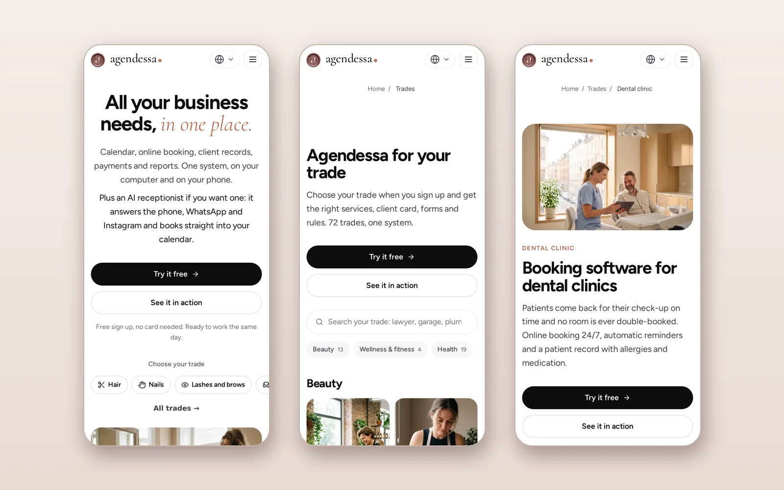 The website on a phone: home page, trades and a trade page