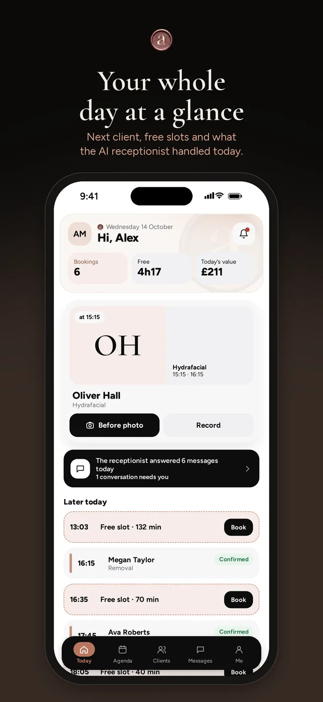 Today: the next client, free slots and what the AI receptionist handled