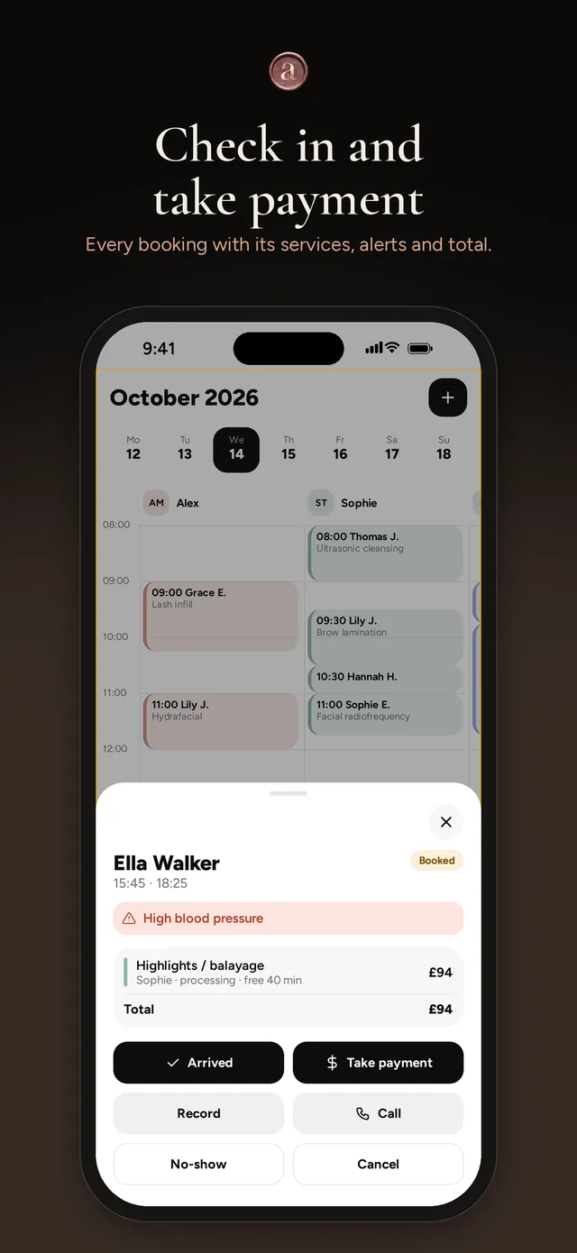 Check-in and payment in one tap, with services, alerts and total
