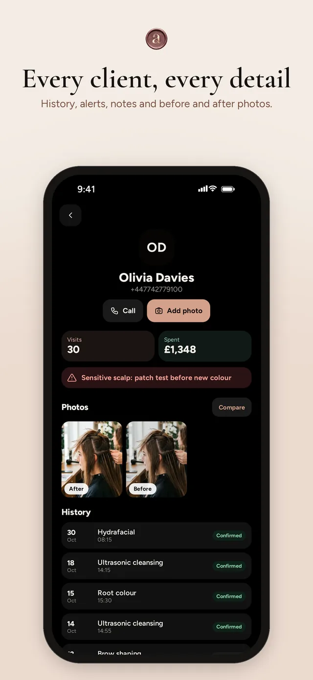 The client record: history, alerts, notes and before and after photos