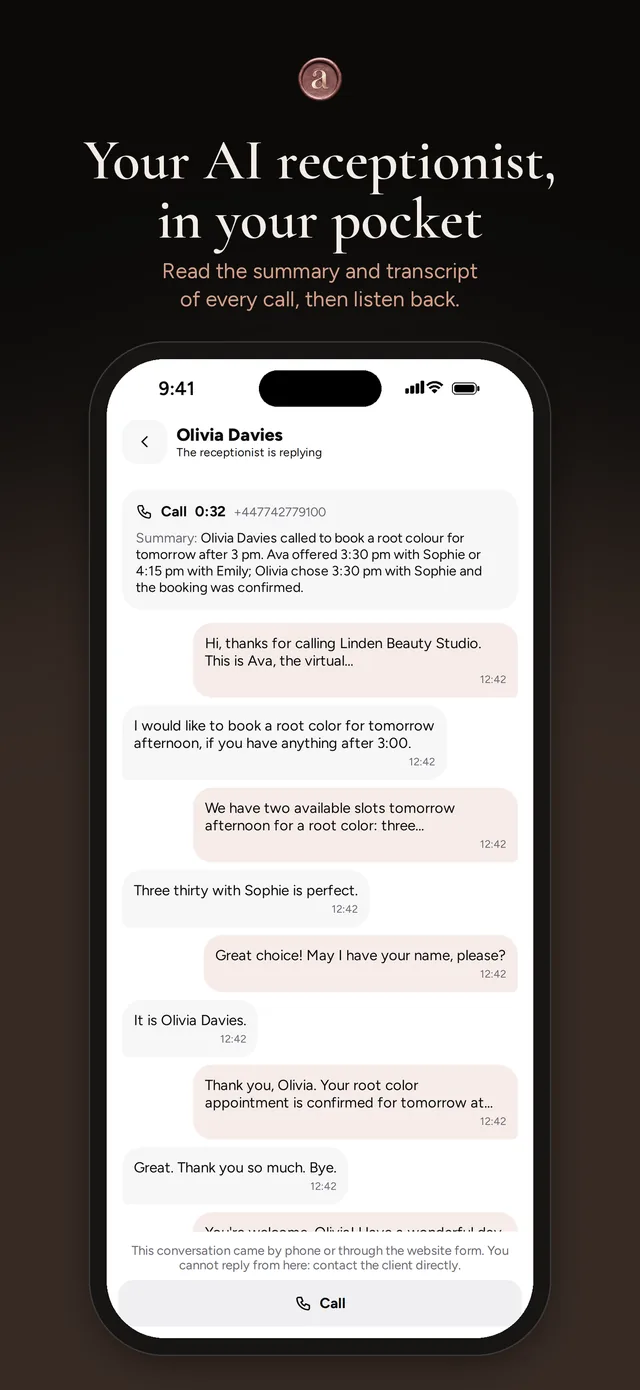 A call handled by the AI receptionist, with summary, transcript and recording