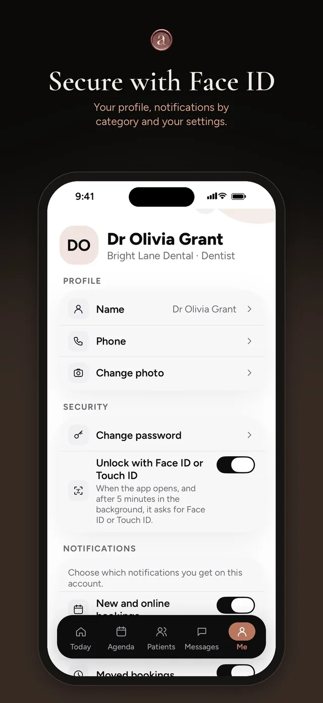 Profile, notifications by category and face or fingerprint unlock