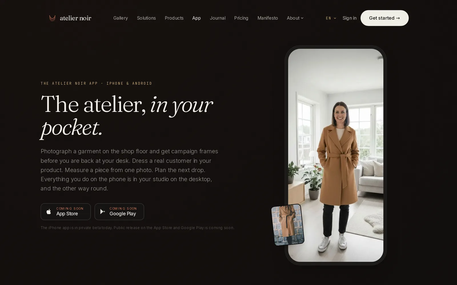 The mobile app page, with virtual try-on and real screens