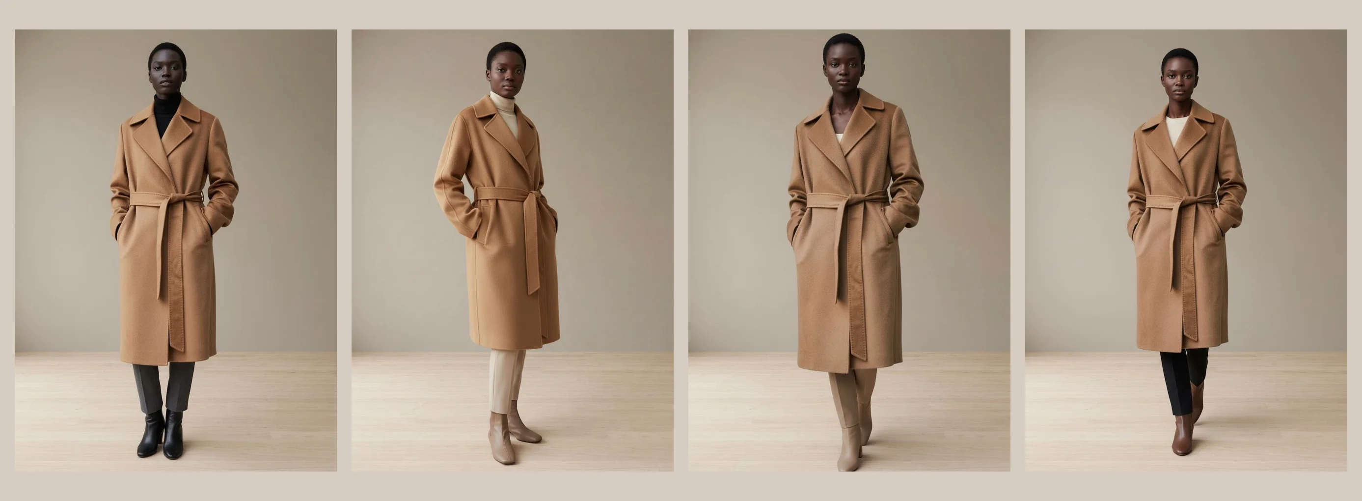 Real result: a coat photographed once, four catalogue frames on a model