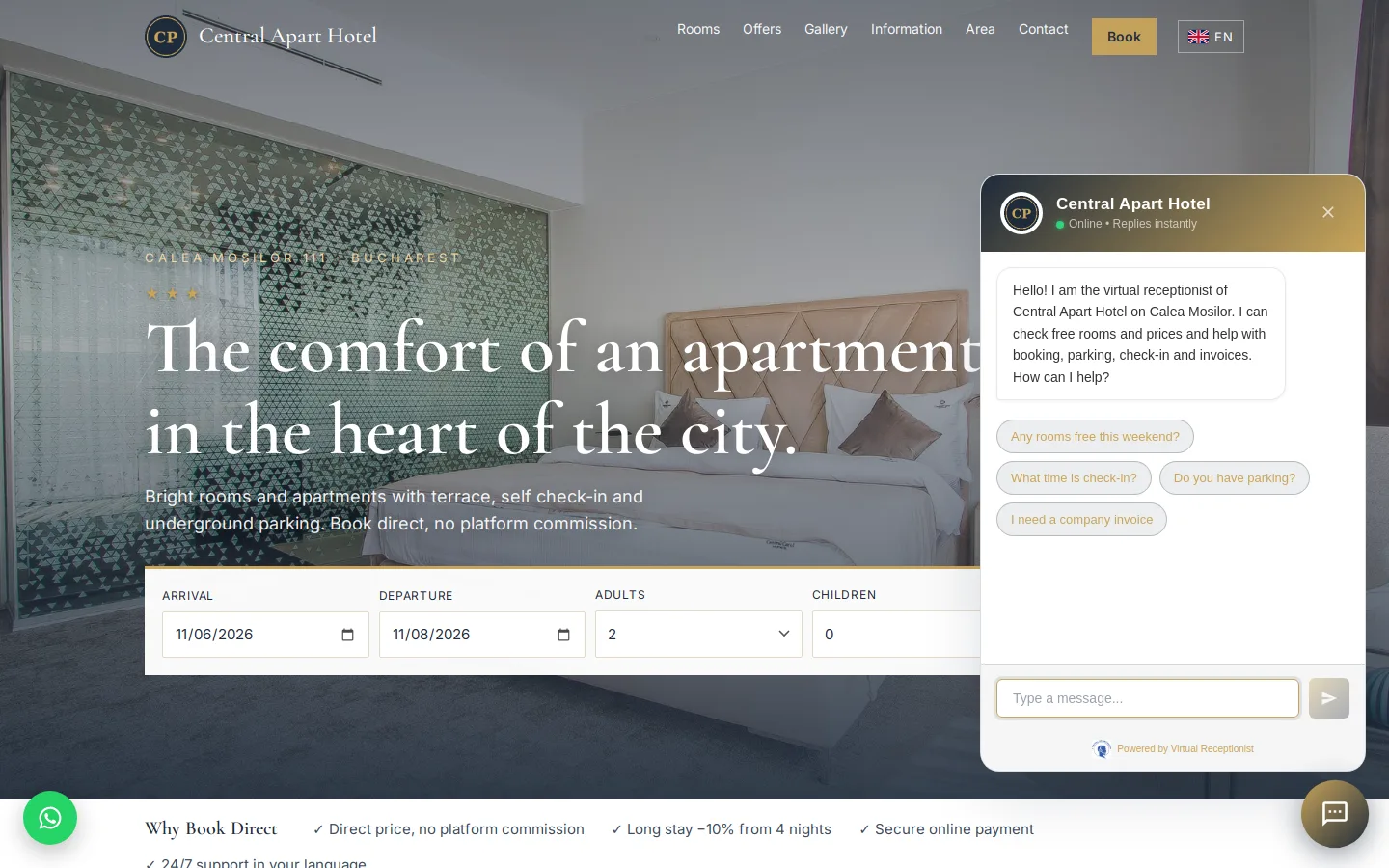 Elena in chat: risposte su camere, prezzi, parcheggio, check-in e fatture