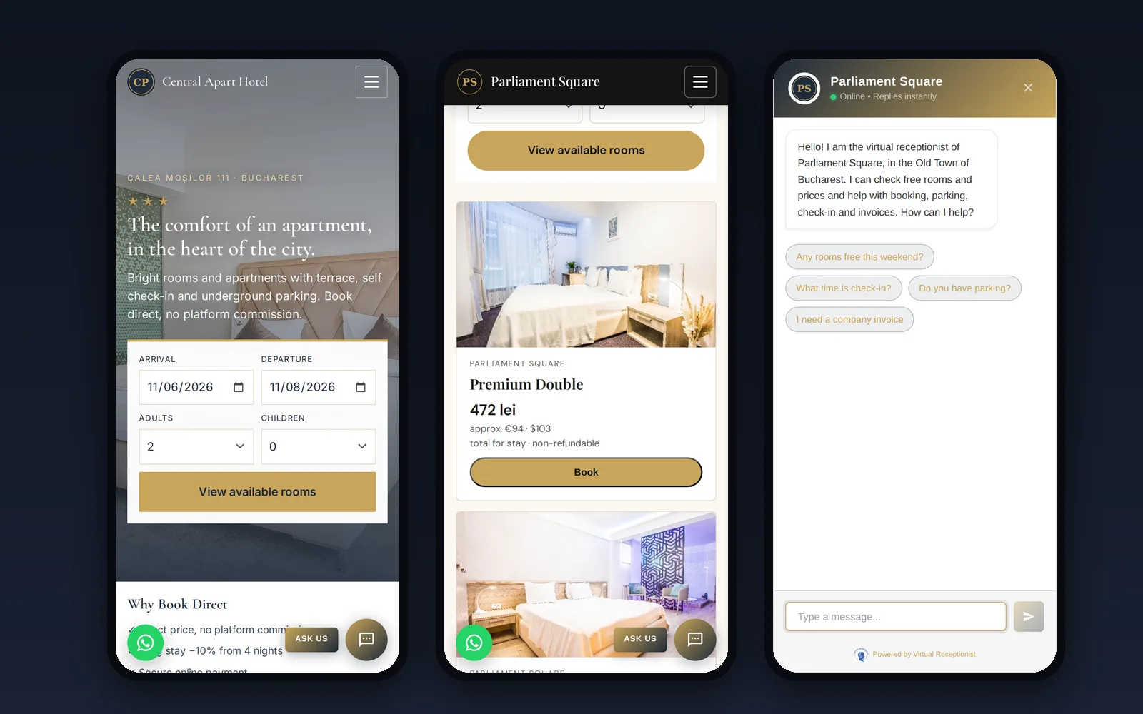 Sul telefono: home page, ricerca camere e chat