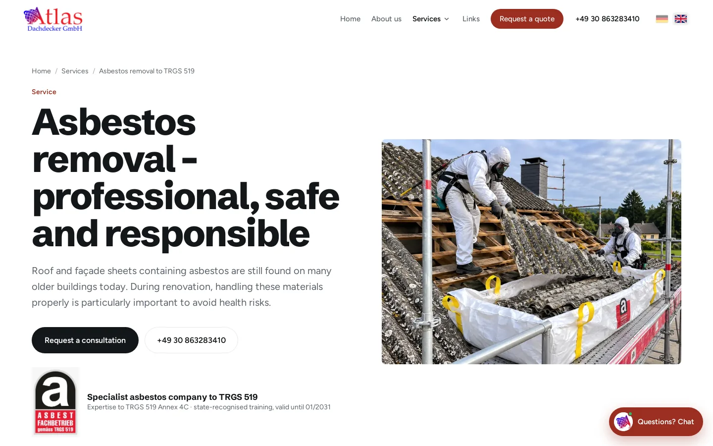 Página de serviço: remoção de amianto sob TRGS 519
