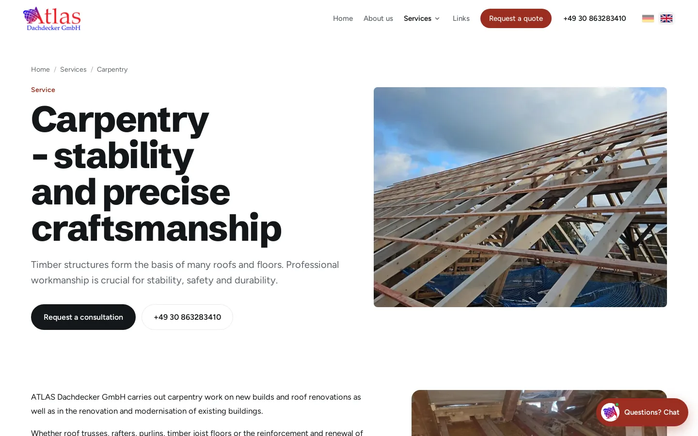 Carpintaria, com uma galeria dos locais de trabalho da empresa