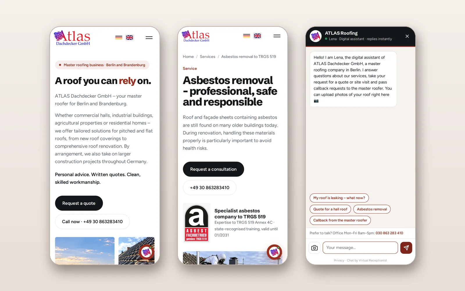 Num telefone: a página inicial, uma página de serviço e o chat com Lena