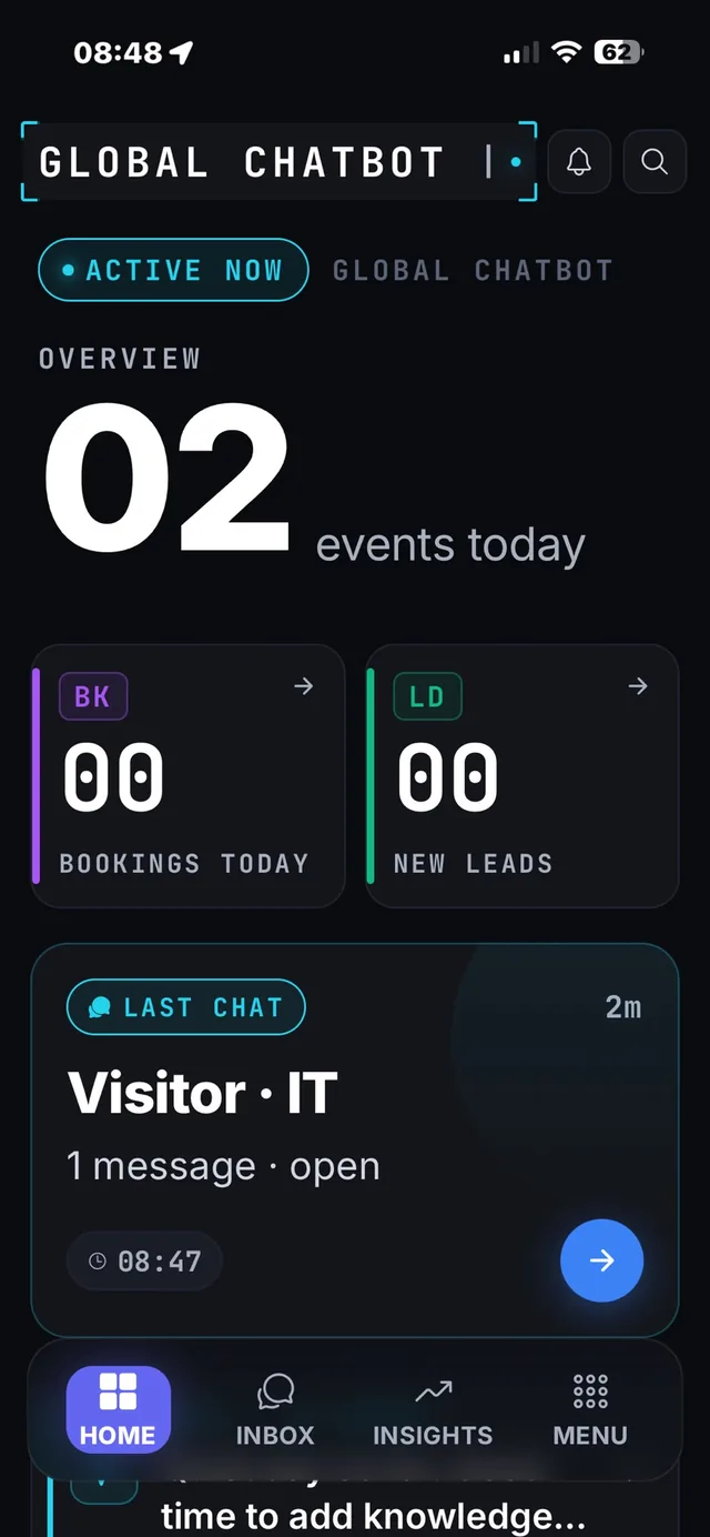 Home: eventi, prenotazioni e nuovi lead di oggi